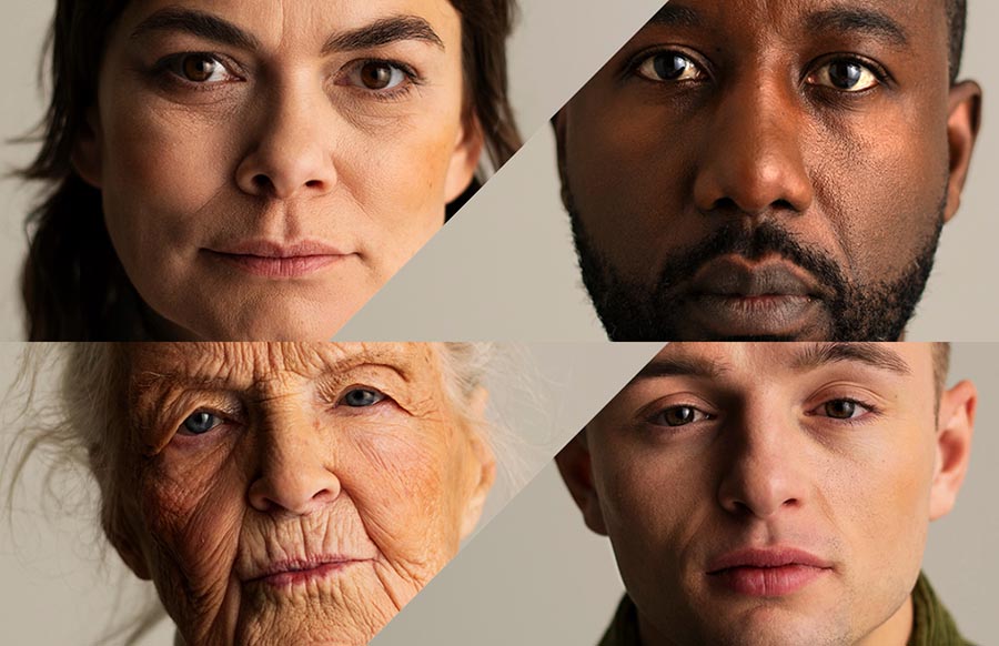 Ansikten på fyra personer som uttrycker de mänskliga rättigheterna i vår film "Fyra berättelser om mänskliga rättigheter", fotografi